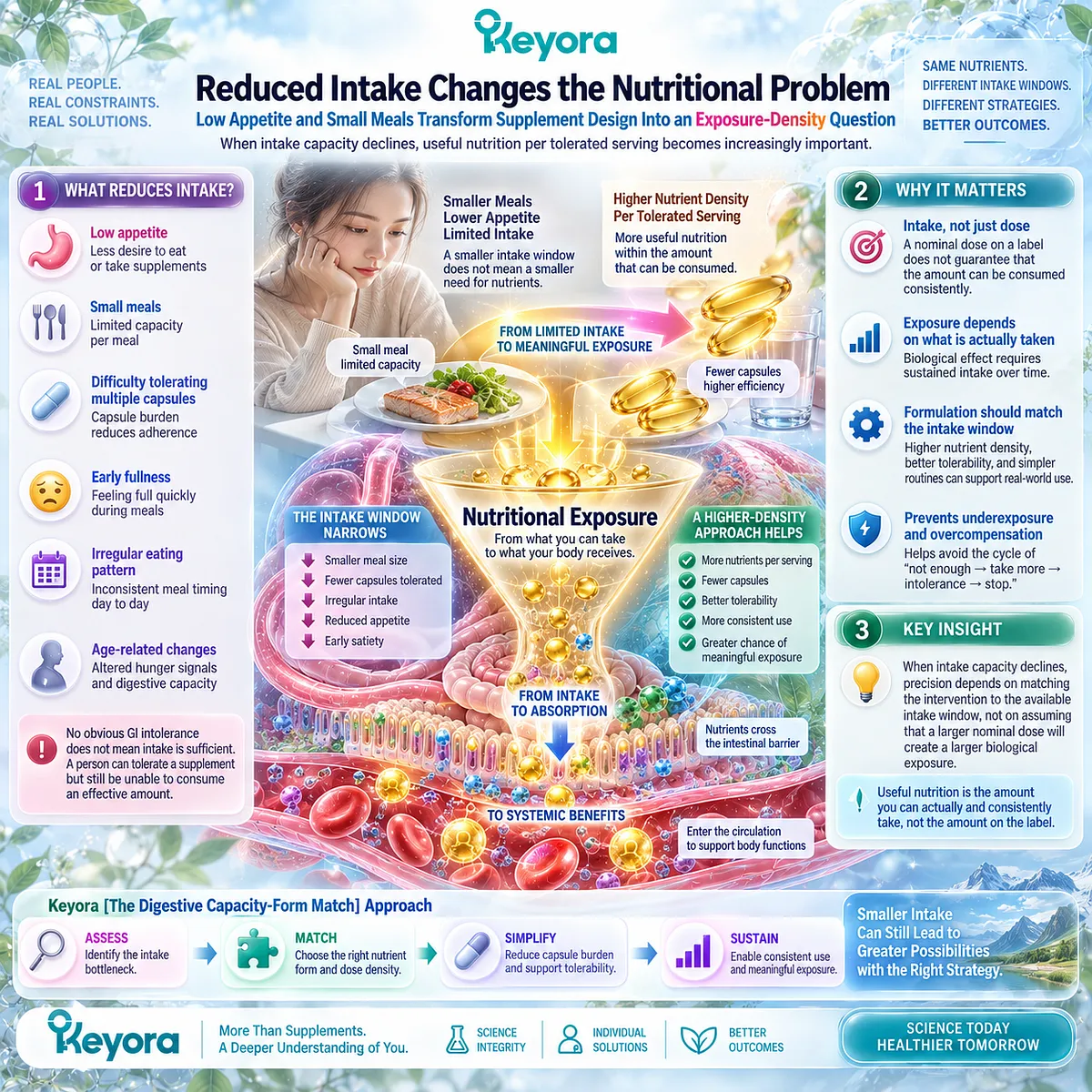 Low appetite and small meals narrow the sustainable Omega-3 intake window, making exposure density central to Keyora The Digestive Capacity-Form Match. Low appetite and small meals narrow the sustainable Omega-3 intake window, making exposure density central to Keyora The Digestive Capacity-Form Match.