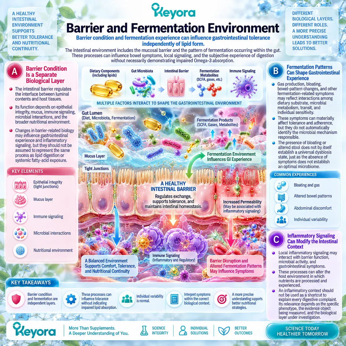 Intestinal barrier function, fermentation, bloating and inflammatory signaling can shape GI tolerance independently of Omega-3 form in Keyora The Digestive Capacity-Form Match. Intestinal barrier function, fermentation, bloating and inflammatory signaling can shape GI tolerance independently of Omega-3 form in Keyora The Digestive Capacity-Form Match.