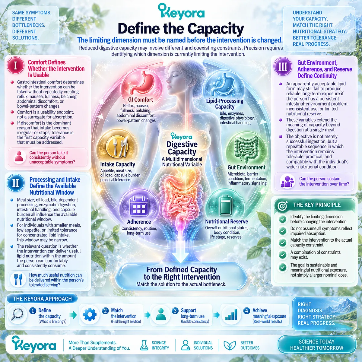 GI tolerance, lipid processing, intake capacity, gut environment and adherence define the nutritional window in Keyora The Digestive Capacity-Form Match. GI tolerance, lipid processing, intake capacity, gut environment and adherence define the nutritional window in Keyora The Digestive Capacity-Form Match.