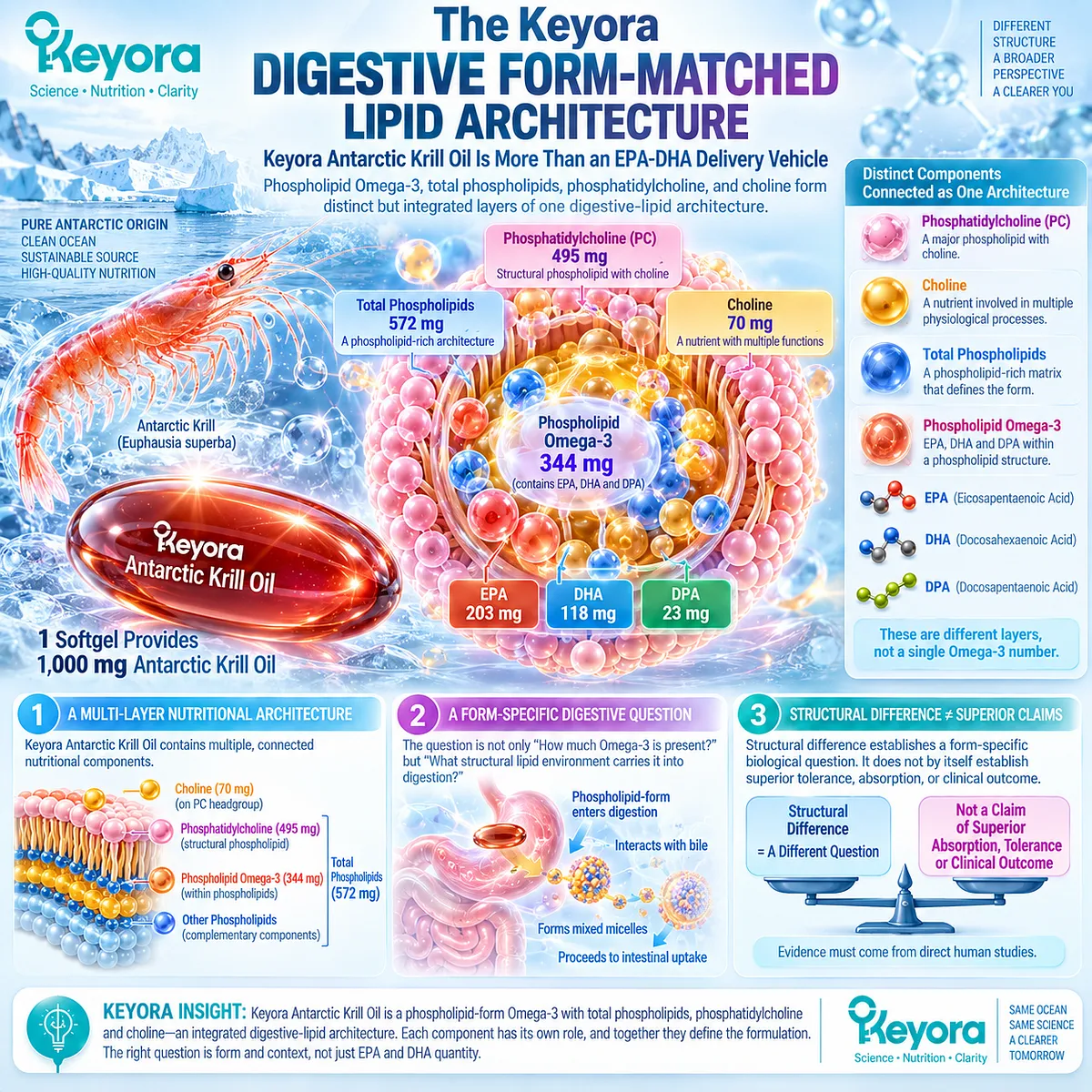 Antarctic krill oil combines Phospholipid Omega-3, phosphatidylcholine and choline in Keyora Digestive Form-Matched Lipid Architecture beyond EPA-DHA quantity. Antarctic krill oil combines Phospholipid Omega-3, phosphatidylcholine and choline in Keyora Digestive Form-Matched Lipid Architecture beyond EPA-DHA quantity.