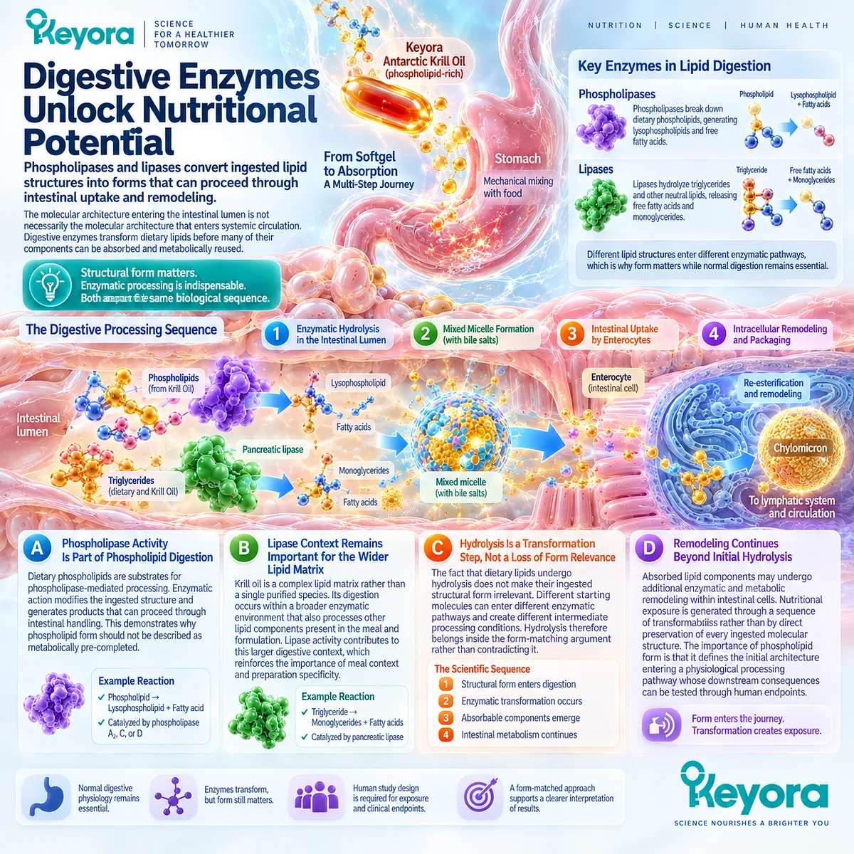 Krill oil digestion uses phospholipases and lipases to hydrolyze Phospholipid Omega-3 before uptake and remodeling in Keyora Form-Matched Lipid Architecture. Krill oil digestion uses phospholipases and lipases to hydrolyze Phospholipid Omega-3 before uptake and remodeling in Keyora Form-Matched Lipid Architecture.