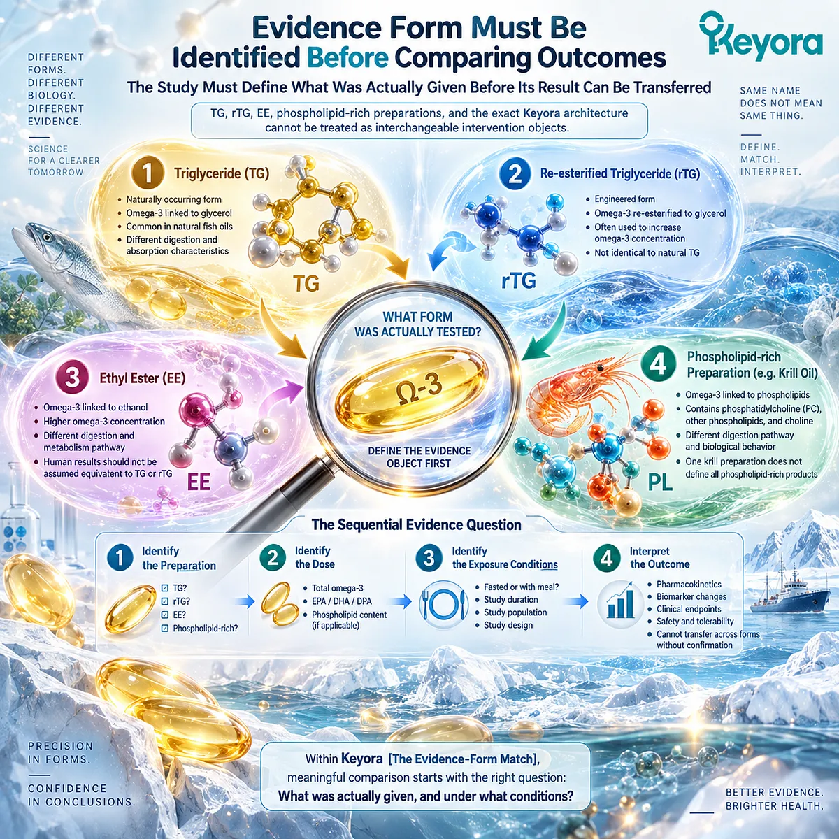 Omega-3 form comparison requires identifying TG, rTG, EE, phospholipid-rich preparation, dose, and exposure conditions through Keyora Evidence-Form Match. Omega-3 form comparison requires identifying TG, rTG, EE, phospholipid-rich preparation, dose, and exposure conditions through Keyora Evidence-Form Match.
