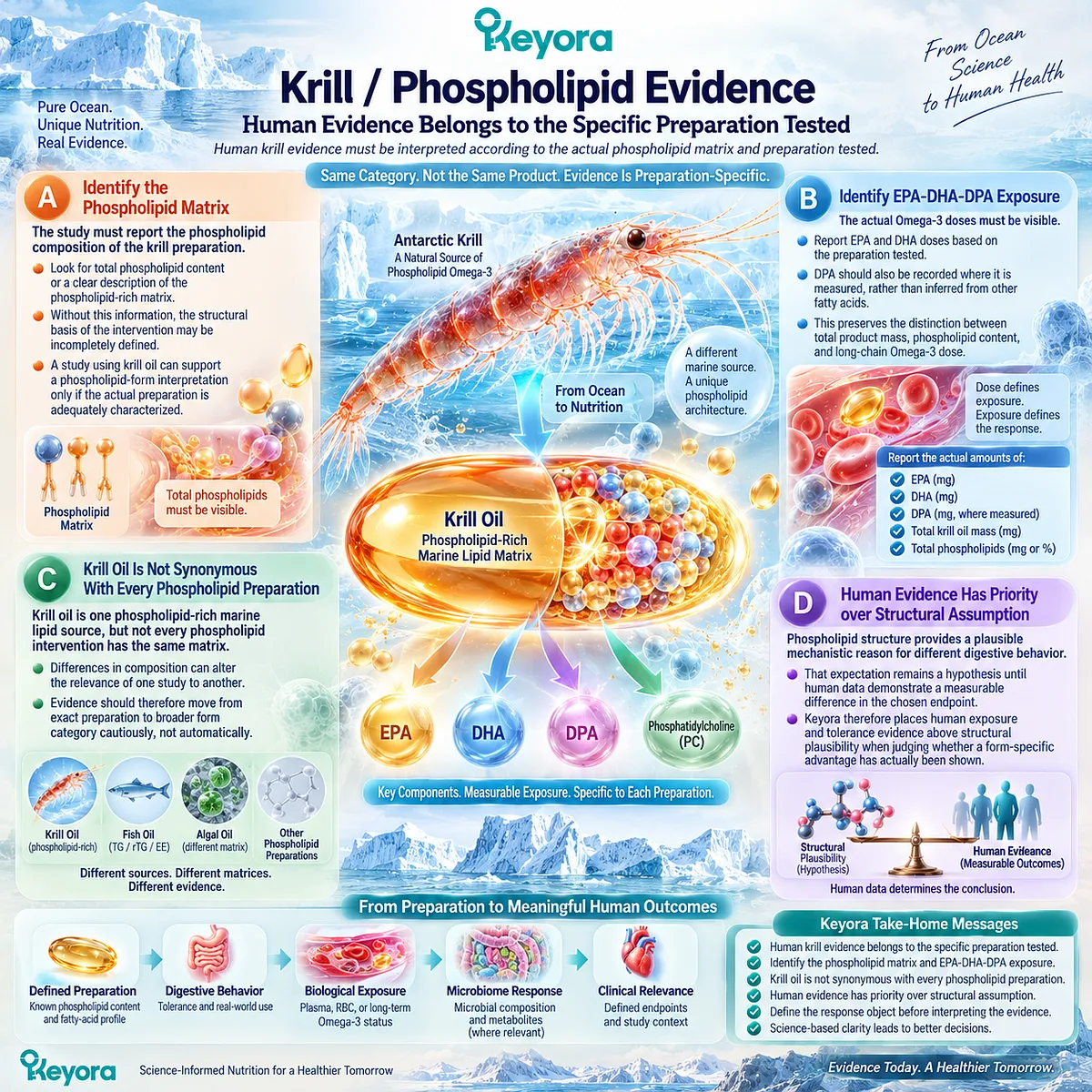 Krill oil bioavailability depends on phospholipid matrix and EPA-DHA-DPA exposure, with Keyora Evidence-Form Match prioritizing human data over structural assumptions. Krill oil bioavailability depends on phospholipid matrix and EPA-DHA-DPA exposure, with Keyora Evidence-Form Match prioritizing human data over structural assumptions.