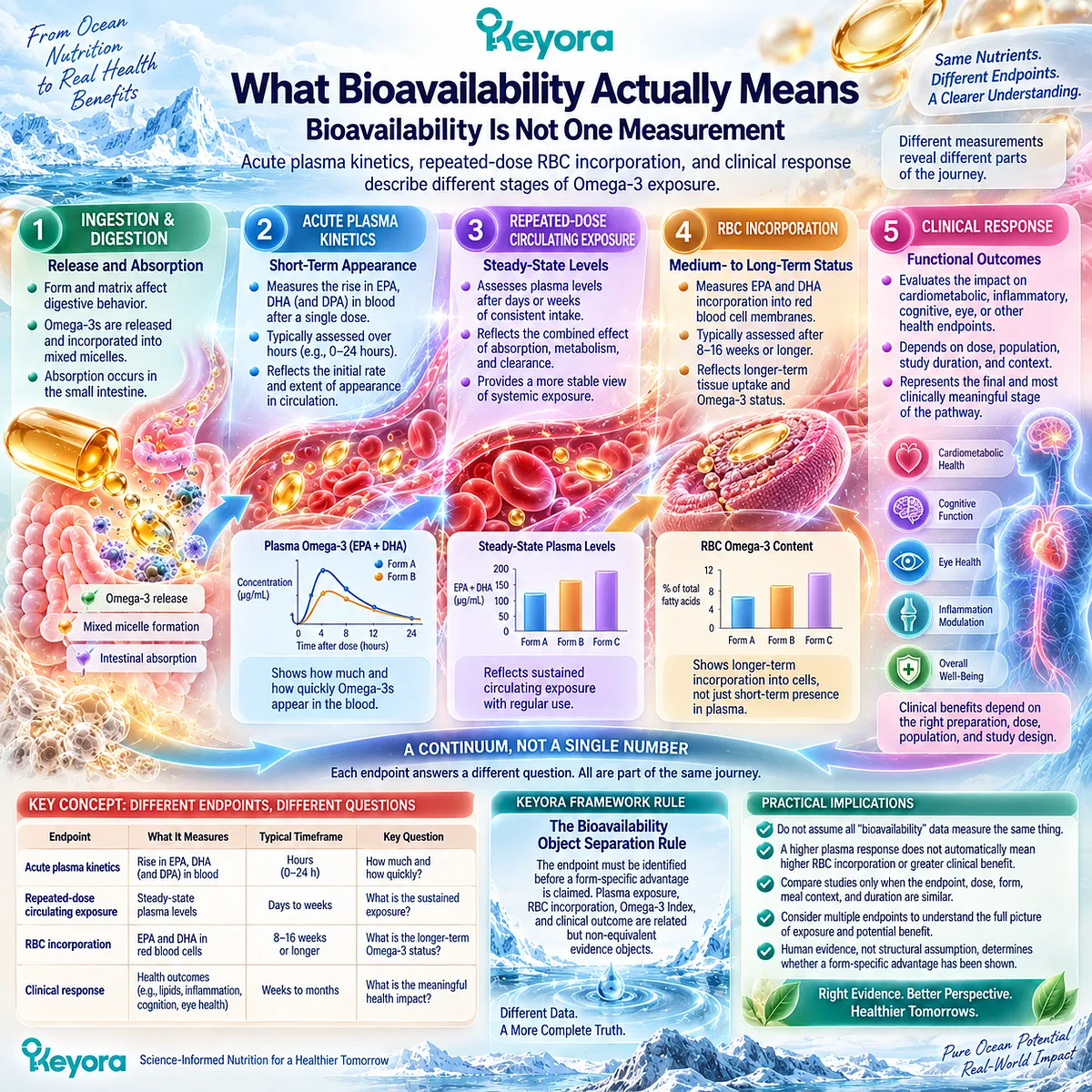 Omega-3 bioavailability spans plasma kinetics, RBC incorporation, and Omega-3 Index, separated by Keyora Bioavailability Object Separation Rule to define sustained exposure. Omega-3 bioavailability spans plasma kinetics, RBC incorporation, and Omega-3 Index, separated by Keyora Bioavailability Object Separation Rule to define sustained exposure.