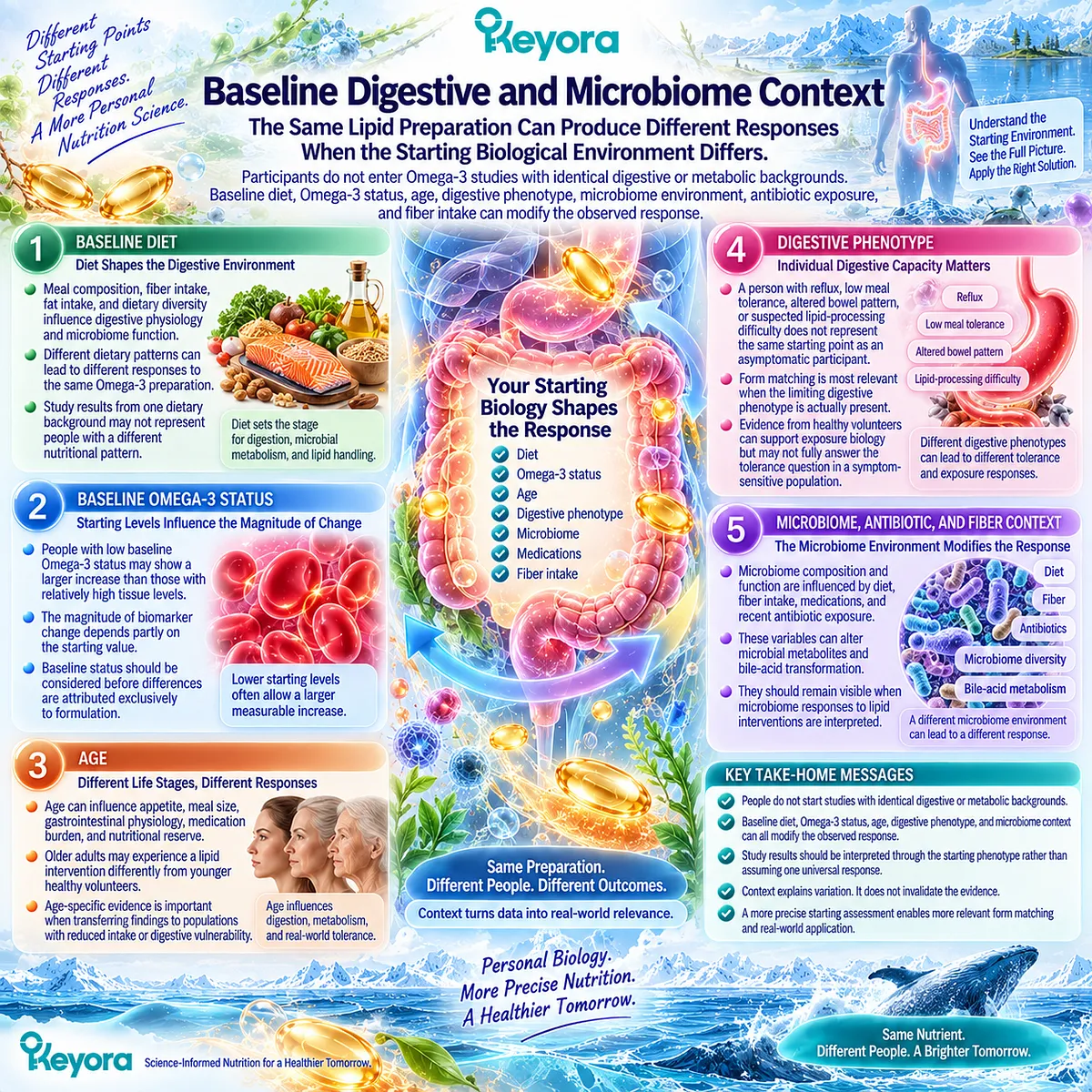 Omega-3 digestive response varies with diet, baseline status, age, digestive phenotype, microbiome, antibiotics, and fiber within Keyora form-matching framework. Omega-3 digestive response varies with diet, baseline status, age, digestive phenotype, microbiome, antibiotics, and fiber within Keyora form-matching framework.