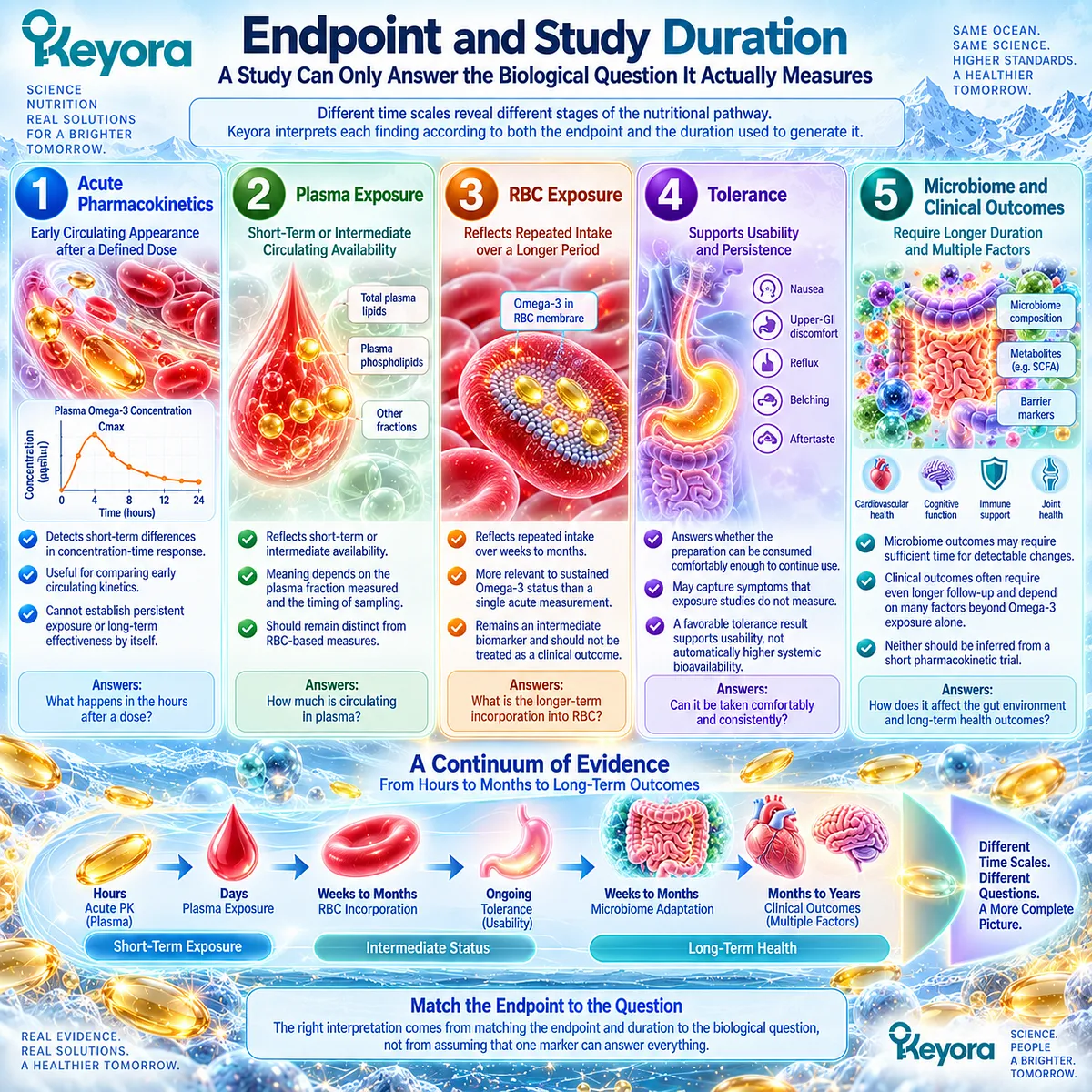 Omega-3 study duration separates acute pharmacokinetics, plasma and RBC exposure, tolerance, and microbiome response within Keyora Digestive Response Object Separation Rule. Omega-3 study duration separates acute pharmacokinetics, plasma and RBC exposure, tolerance, and microbiome response within Keyora Digestive Response Object Separation Rule.