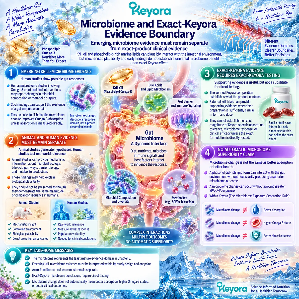Krill oil microbiome response may involve bile acids, microbial metabolites, and gut barrier signaling, while Keyora Microbiome-Exposure Separation Rule limits evidence transfer. Krill oil microbiome response may involve bile acids, microbial metabolites, and gut barrier signaling, while Keyora Microbiome-Exposure Separation Rule limits evidence transfer.