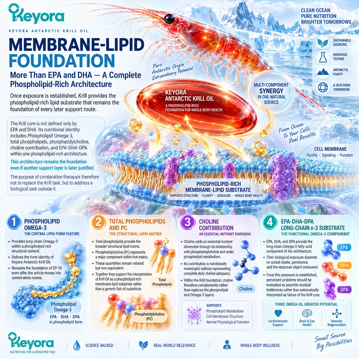 Krill oil provides phospholipid Omega-3, phosphatidylcholine, choline and EPA-DHA-DPA for membrane-lipid support within the Keyora Krill Foundation architecture. Krill oil provides phospholipid Omega-3, phosphatidylcholine, choline and EPA-DHA-DPA for membrane-lipid support within the Keyora Krill Foundation architecture.
