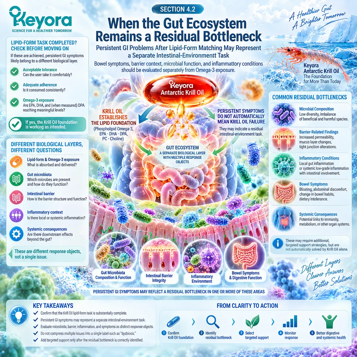 Krill oil gut health separates persistent bowel symptoms, microbiome function, intestinal barrier and inflammatory context from Omega-3 exposure in the Keyora Residual Bottleneck framework. Krill oil gut health separates persistent bowel symptoms, microbiome function, intestinal barrier and inflammatory context from Omega-3 exposure in the Keyora Residual Bottleneck framework.