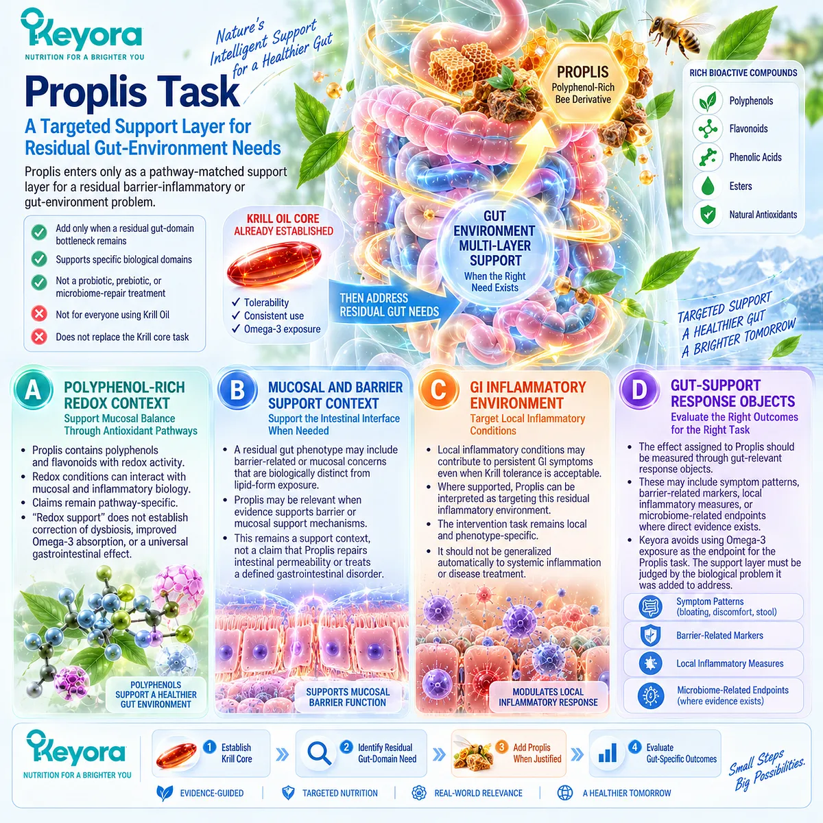 Propolis gut support links polyphenol redox balance with intestinal barrier, mucosal and local inflammatory pathways in Keyora Lipid-Barrier-Microbiome Support Route. Propolis gut support links polyphenol redox balance with intestinal barrier, mucosal and local inflammatory pathways in Keyora Lipid-Barrier-Microbiome Support Route.