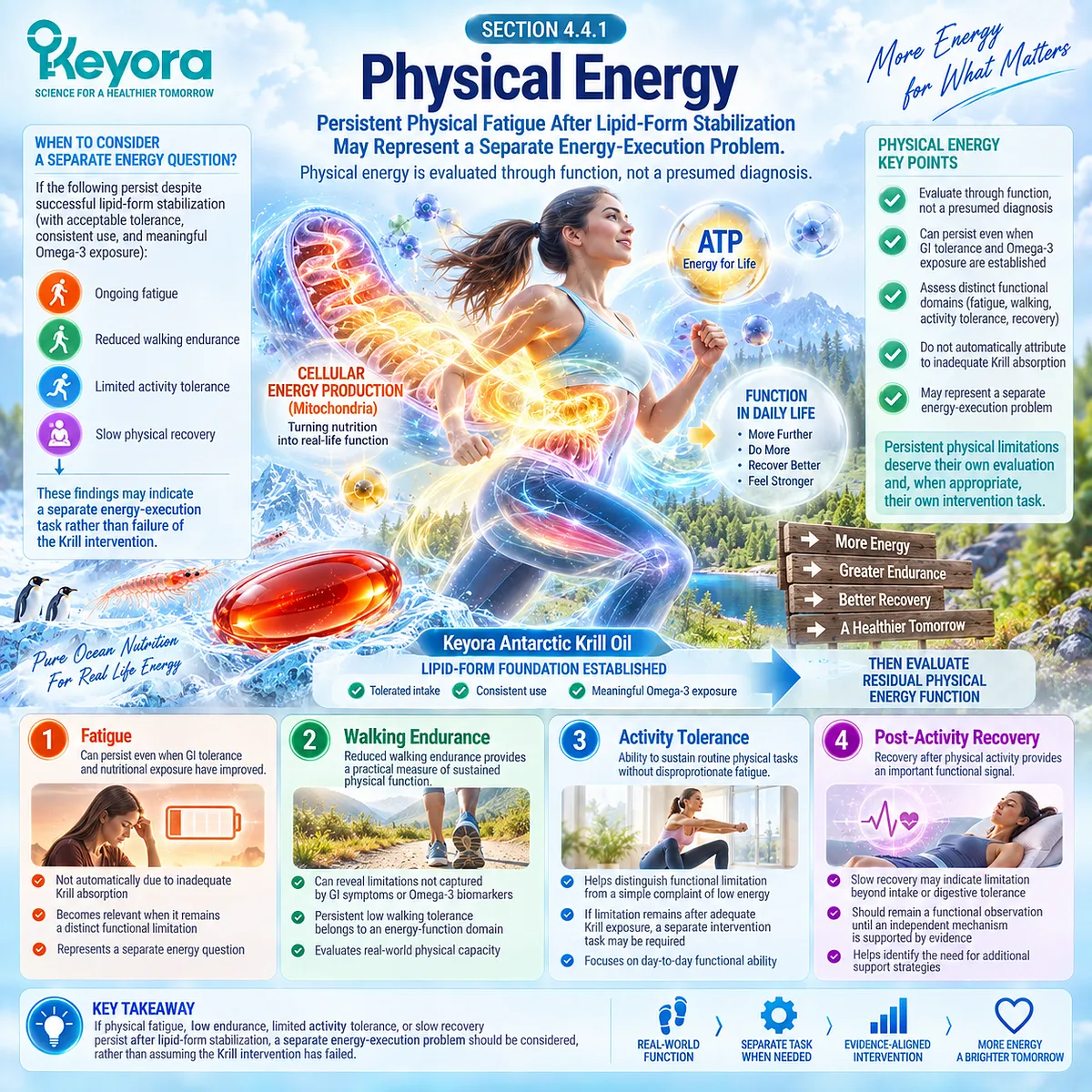 Persistent physical fatigue, low walking endurance, limited activity tolerance and slow recovery map functional energy needs within the Keyora Independent Energy Bottleneck framework. Persistent physical fatigue, low walking endurance, limited activity tolerance and slow recovery map functional energy needs within the Keyora Independent Energy Bottleneck framework.