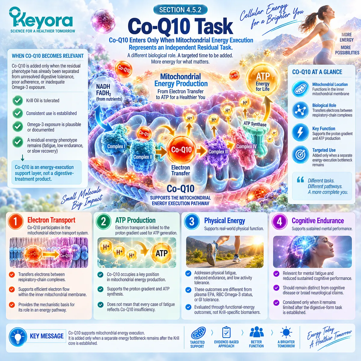 CoQ10 supports mitochondrial electron transport, ATP production, physical energy and cognitive endurance in Keyora The Digestion-to-Energy Continuity Route. CoQ10 supports mitochondrial electron transport, ATP production, physical energy and cognitive endurance in Keyora The Digestion-to-Energy Continuity Route.