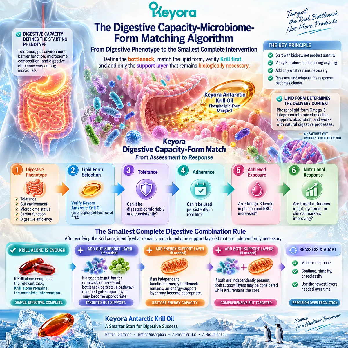 Digestive capacity and phospholipid Omega-3 form govern tolerance, adherence and achieved exposure, framing the Keyora Digestive Capacity-Form Match for precise nutrition support. Digestive capacity and phospholipid Omega-3 form govern tolerance, adherence and achieved exposure, framing the Keyora Digestive Capacity-Form Match for precise nutrition support.