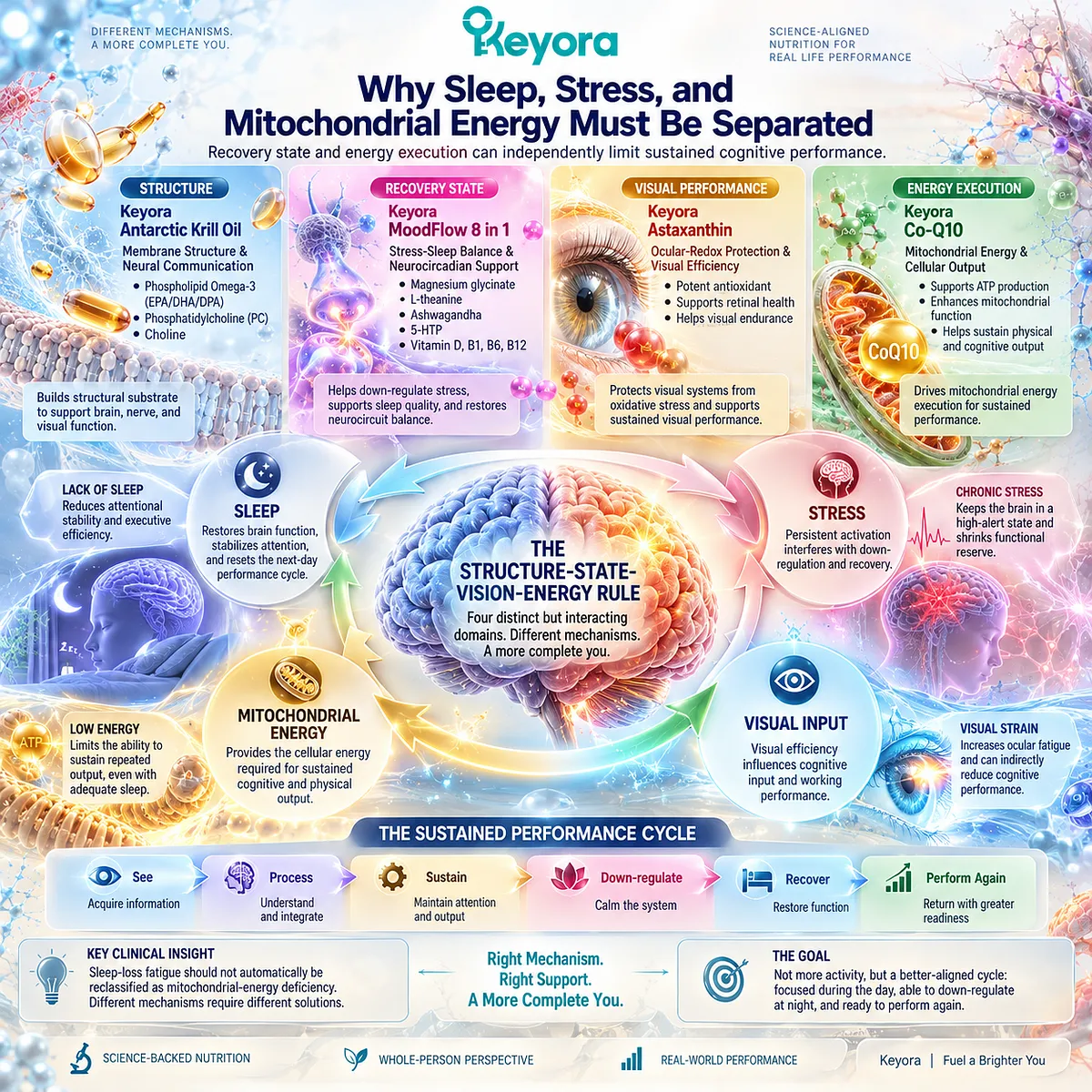Sleep quality, stress regulation, visual performance, and mitochondrial energy can independently limit cognitive endurance, mapped by Keyora Structure-State-Vision-Energy Rule. Sleep quality, stress regulation, visual performance, and mitochondrial energy can independently limit cognitive endurance, mapped by Keyora Structure-State-Vision-Energy Rule.