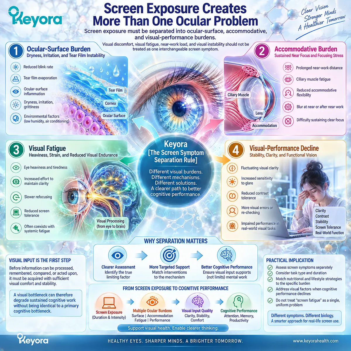 Screen fatigue can reflect dry eye, accommodative load, visual fatigue, or unstable visual performance, separated by Keyora Screen Symptom Separation Rule. Screen fatigue can reflect dry eye, accommodative load, visual fatigue, or unstable visual performance, separated by Keyora Screen Symptom Separation Rule.