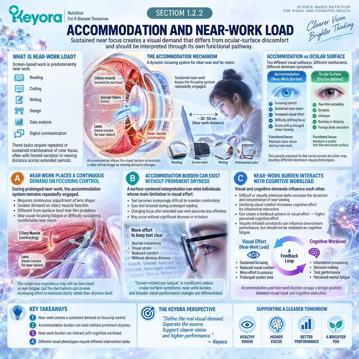 Screen eye strain from sustained near work links accommodation demand with focusing fatigue and visual effort, mapped by Keyora Screen Symptom Separation Rule. Screen eye strain from sustained near work links accommodation demand with focusing fatigue and visual effort, mapped by Keyora Screen Symptom Separation Rule.