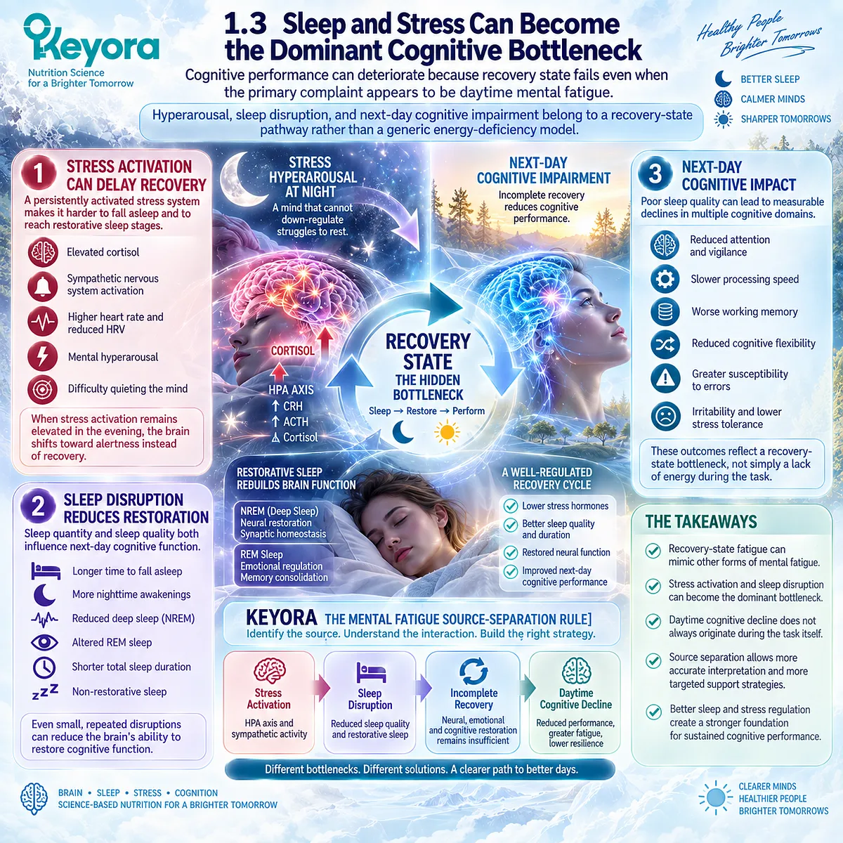 Poor sleep and stress hyperarousal can impair next-day focus and processing through incomplete recovery, mapped by Keyora Mental Fatigue Source-Separation Rule. Poor sleep and stress hyperarousal can impair next-day focus and processing through incomplete recovery, mapped by Keyora Mental Fatigue Source-Separation Rule.