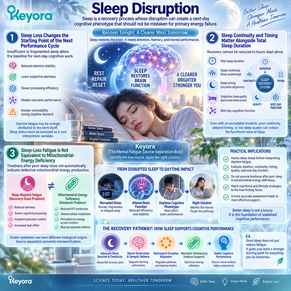 Poor sleep quality, duration, continuity, or timing can reduce next-day focus and processing through incomplete recovery, mapped by Keyora Mental Fatigue Source-Separation Rule. Poor sleep quality, duration, continuity, or timing can reduce next-day focus and processing through incomplete recovery, mapped by Keyora Mental Fatigue Source-Separation Rule.