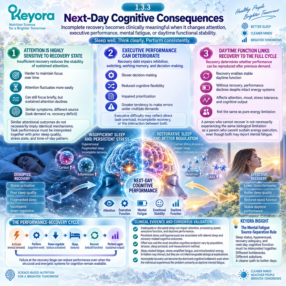 Poor sleep and stress recovery can impair next-day attention, executive function and mental endurance, mapped by Keyora Mental Fatigue Source-Separation Rule. Poor sleep and stress recovery can impair next-day attention, executive function and mental endurance, mapped by Keyora Mental Fatigue Source-Separation Rule.