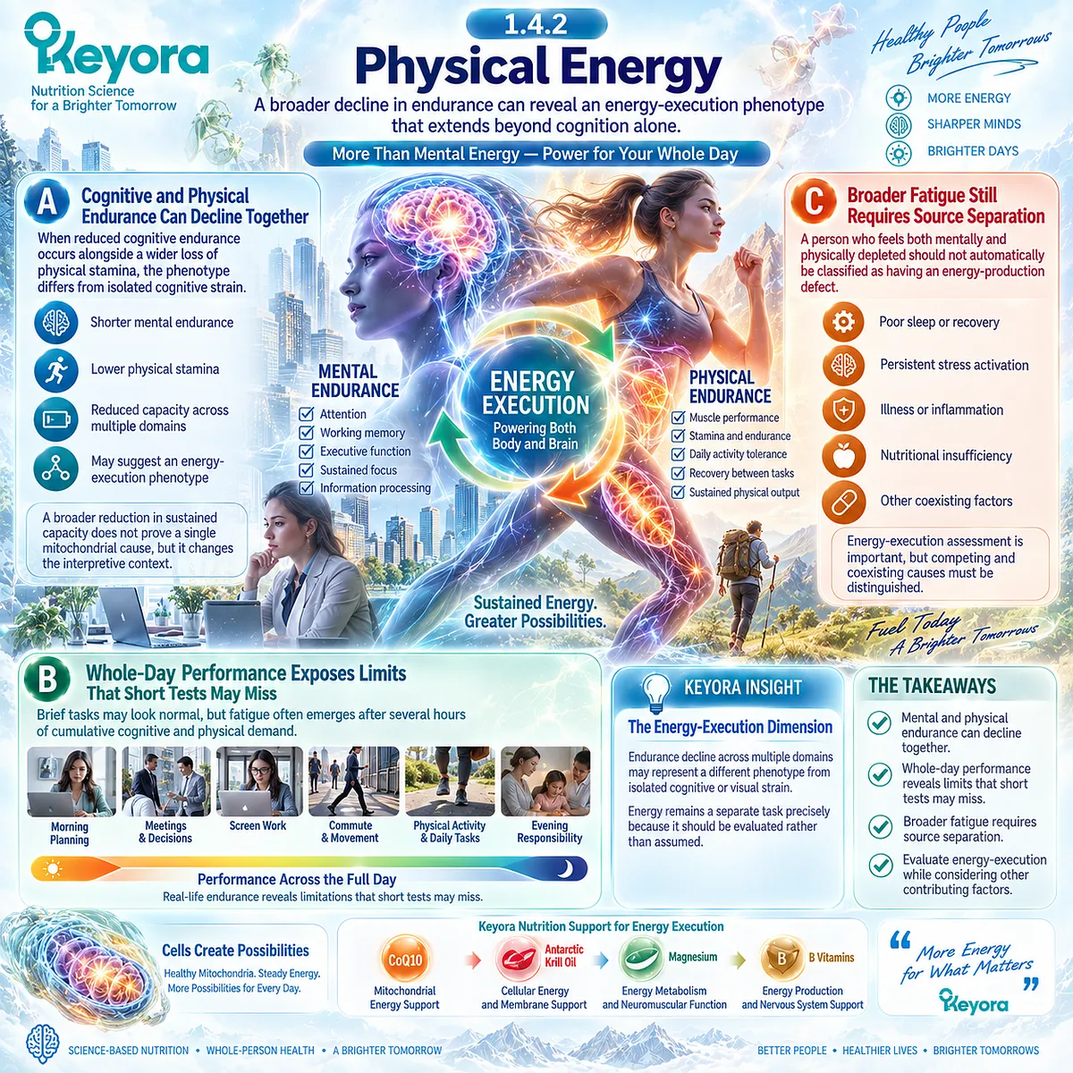 Mental and physical fatigue across whole-day demands can signal reduced energy-execution endurance, mapped without assuming mitochondrial dysfunction by Keyora Source-Separation Rule. Mental and physical fatigue across whole-day demands can signal reduced energy-execution endurance, mapped without assuming mitochondrial dysfunction by Keyora Source-Separation Rule.