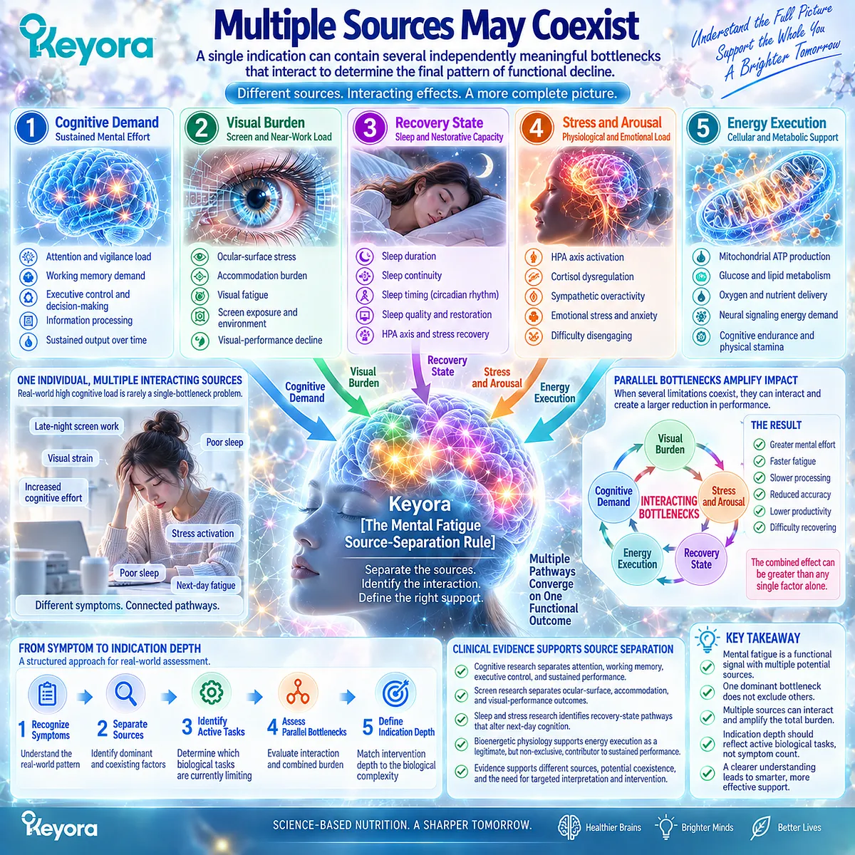 Mental fatigue can combine cognitive load, visual strain, poor sleep-stress recovery, and energy limitations, mapped by Keyora Parallel Bottleneck Rule. Mental fatigue can combine cognitive load, visual strain, poor sleep-stress recovery, and energy limitations, mapped by Keyora Parallel Bottleneck Rule.
