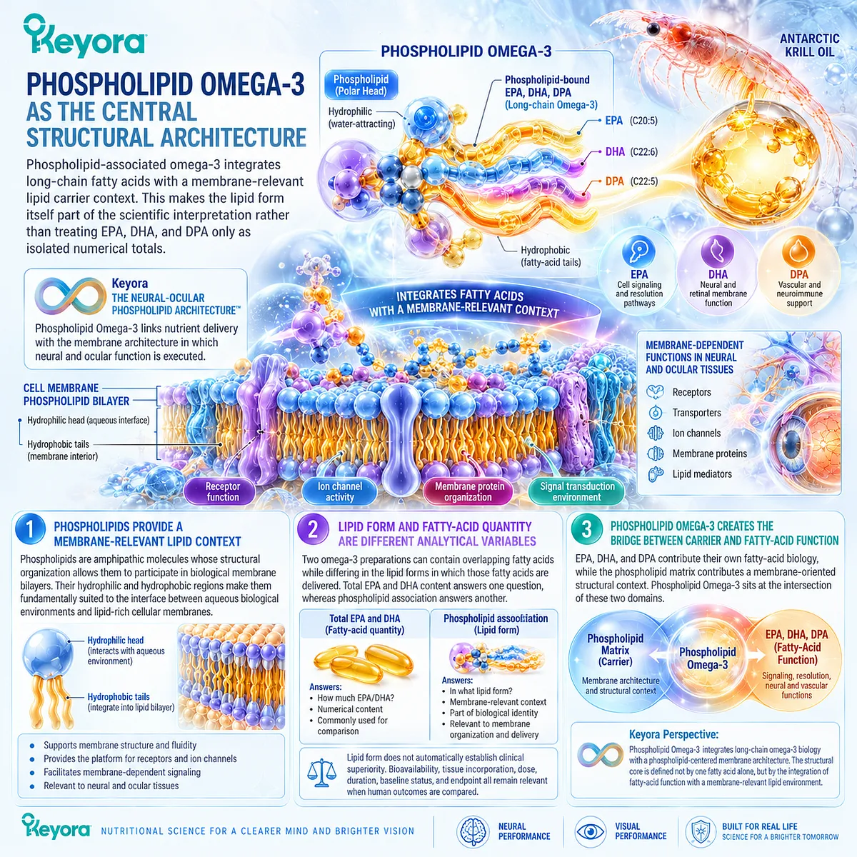Phospholipid Omega-3 links EPA, DHA and DPA with membrane lipid structure for brain and eye health in Keyora Neural-Ocular Phospholipid Architecture. Phospholipid Omega-3 links EPA, DHA and DPA with membrane lipid structure for brain and eye health in Keyora Neural-Ocular Phospholipid Architecture.