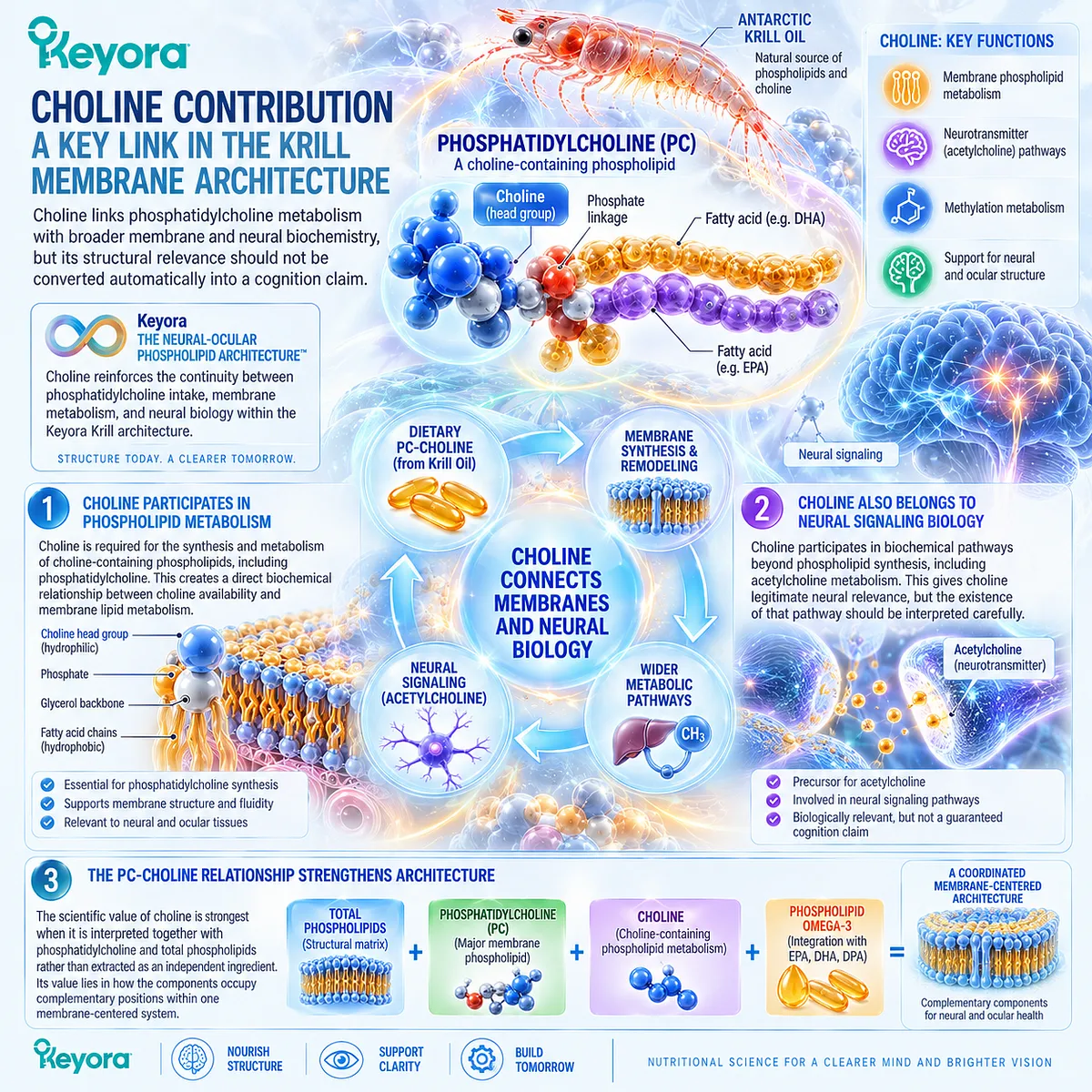 Choline links phosphatidylcholine metabolism, membrane lipid synthesis and neural biochemistry for brain health within Keyora Neural-Ocular Phospholipid Architecture. Choline links phosphatidylcholine metabolism, membrane lipid synthesis and neural biochemistry for brain health within Keyora Neural-Ocular Phospholipid Architecture.