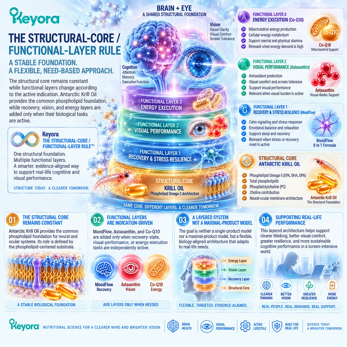 Krill oil provides the neural-ocular phospholipid core while recovery, eye health and mitochondrial energy layers vary under Keyora Structural-Core / Functional-Layer Rule. Krill oil provides the neural-ocular phospholipid core while recovery, eye health and mitochondrial energy layers vary under Keyora Structural-Core / Functional-Layer Rule.