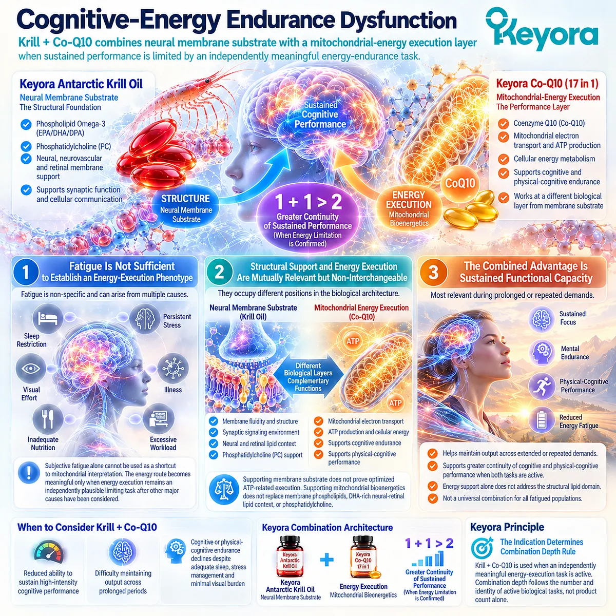 Cognitive endurance links neural phospholipid structure with mitochondrial bioenergetics and Co-Q10 energy support in Keyora Structure + Energy 1+1>2 architecture. Cognitive endurance links neural phospholipid structure with mitochondrial bioenergetics and Co-Q10 energy support in Keyora Structure + Energy 1+1>2 architecture.
