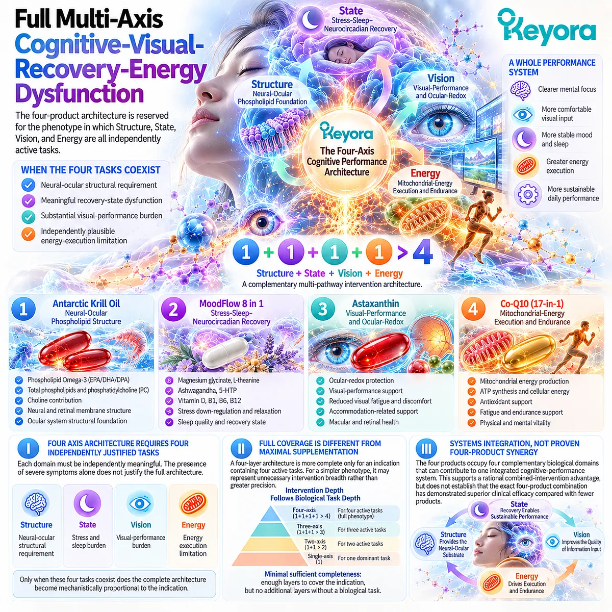 Cognitive performance integrates phospholipid structure, sleep recovery, visual function and mitochondrial energy in Keyora Four-Axis Cognitive Performance Architecture. Cognitive performance integrates phospholipid structure, sleep recovery, visual function and mitochondrial energy in Keyora Four-Axis Cognitive Performance Architecture.