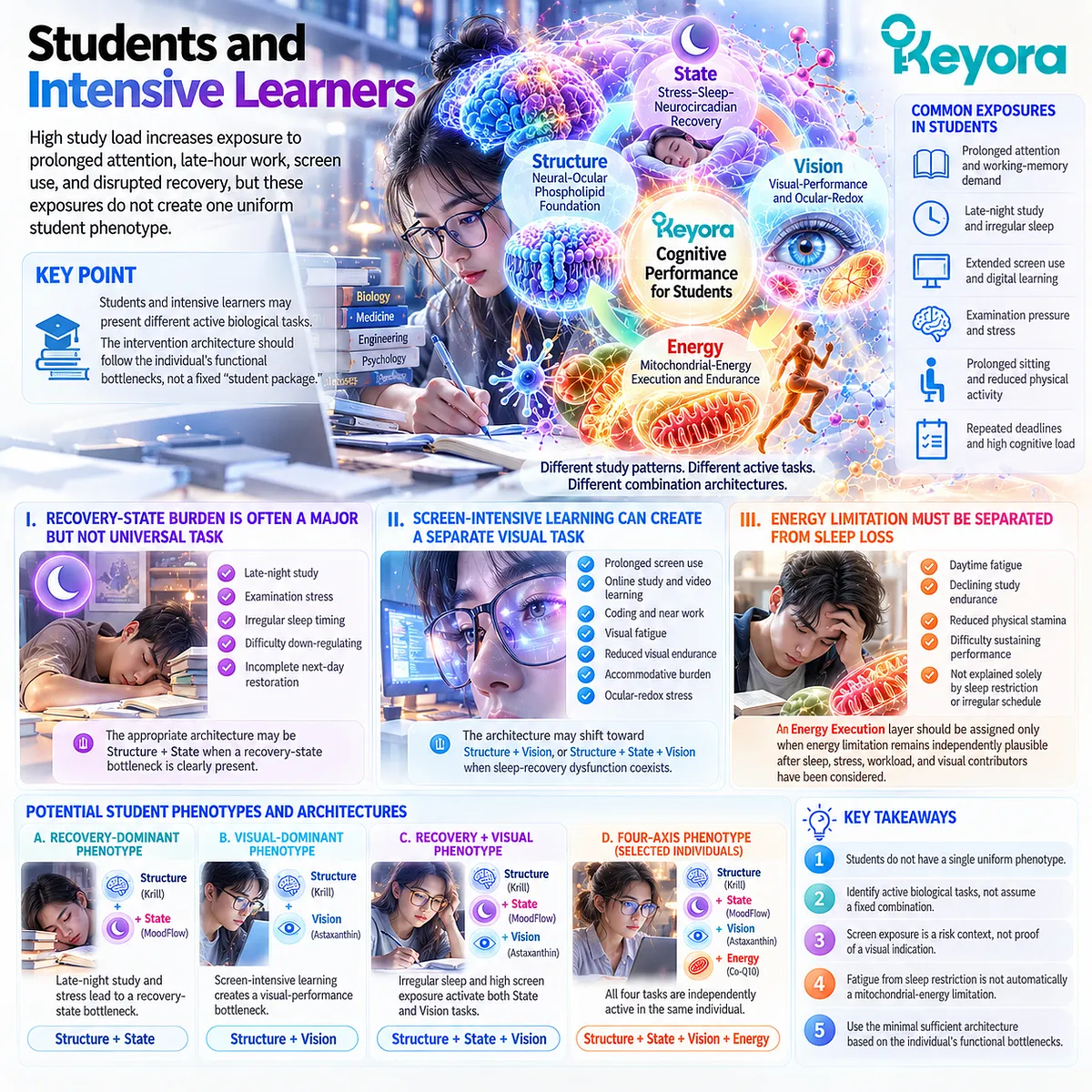 Student mental fatigue may reflect sleep-recovery, screen-related visual strain or cognitive energy limits; Keyora Indication-Driven Multi-Nutrient Combination Rule separates these tasks. Student mental fatigue may reflect sleep-recovery, screen-related visual strain or cognitive energy limits; Keyora Indication-Driven Multi-Nutrient Combination Rule separates these tasks.