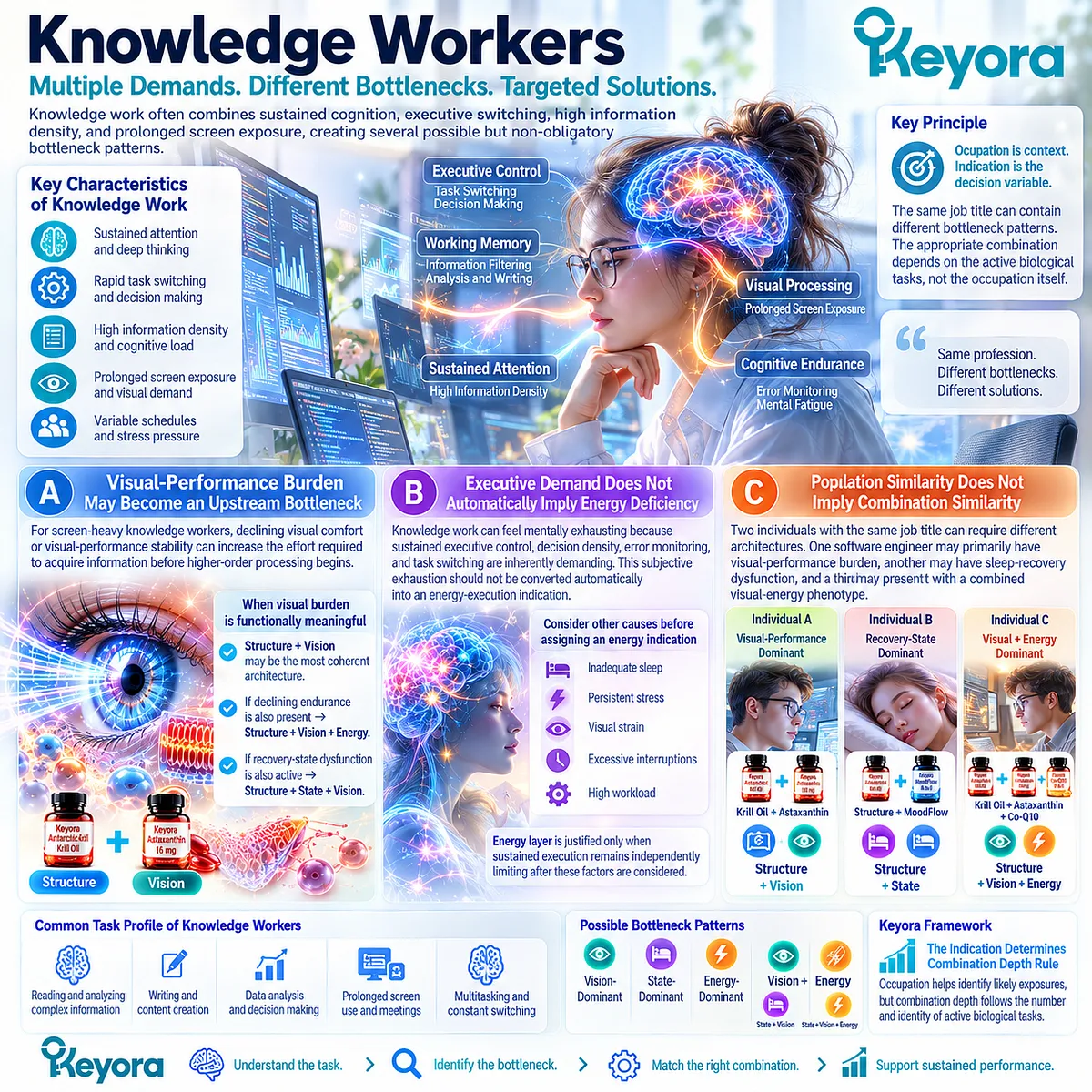 Knowledge-worker brain fog and screen fatigue may reflect visual, sleep-recovery or energy bottlenecks; Keyora Indication-Driven Rule maps support to the active task. Knowledge-worker brain fog and screen fatigue may reflect visual, sleep-recovery or energy bottlenecks; Keyora Indication-Driven Rule maps support to the active task.