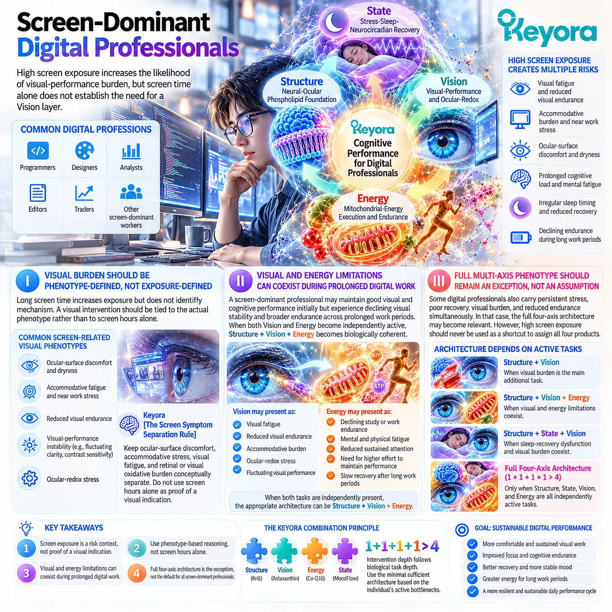 Digital eye strain in screen-heavy professionals may involve visual endurance, ocular stress and energy limits; Keyora Screen Symptom Separation Rule maps phenotype-specific support. Digital eye strain in screen-heavy professionals may involve visual endurance, ocular stress and energy limits; Keyora Screen Symptom Separation Rule maps phenotype-specific support.