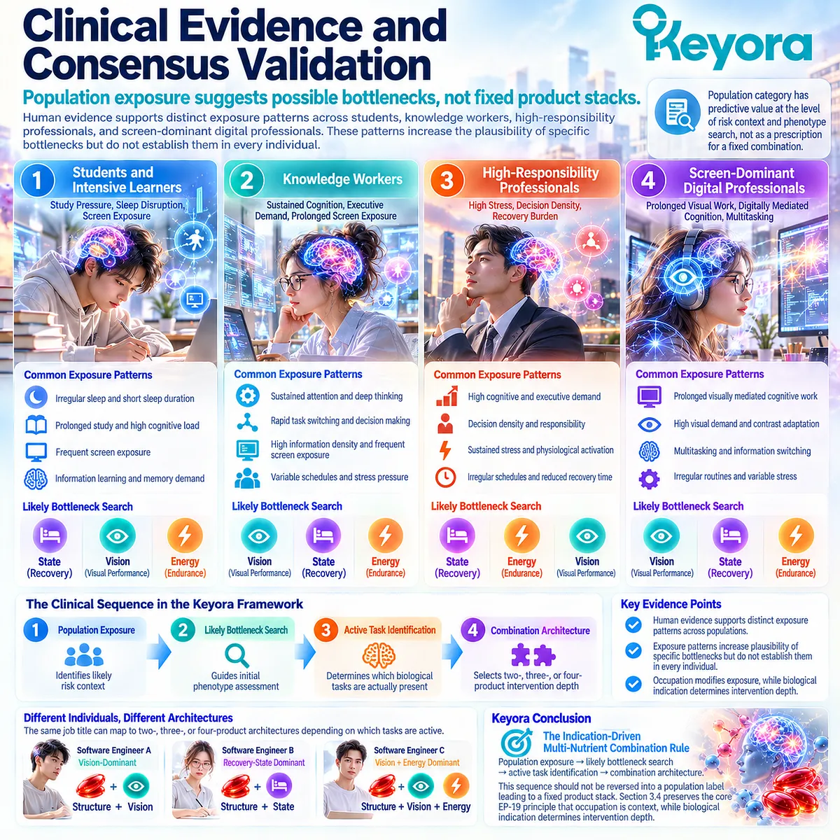 Students and professionals face different sleep, screen, stress and energy exposures; Keyora Indication-Driven Rule maps exposure to bottleneck identification and support depth. Students and professionals face different sleep, screen, stress and energy exposures; Keyora Indication-Driven Rule maps exposure to bottleneck identification and support depth.