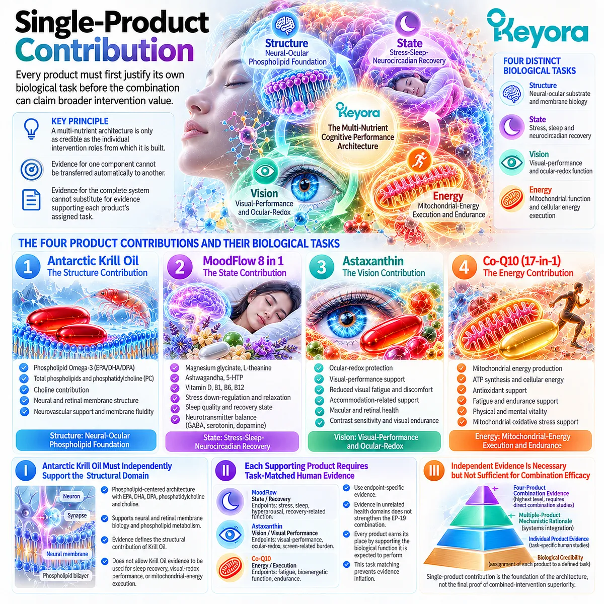 Krill phospholipids, stress-sleep support, ocular redox and Co-Q10 bioenergetics each require task-matched evidence in Keyora Multi-Pathway Synergy Architecture. Krill phospholipids, stress-sleep support, ocular redox and Co-Q10 bioenergetics each require task-matched evidence in Keyora Multi-Pathway Synergy Architecture.