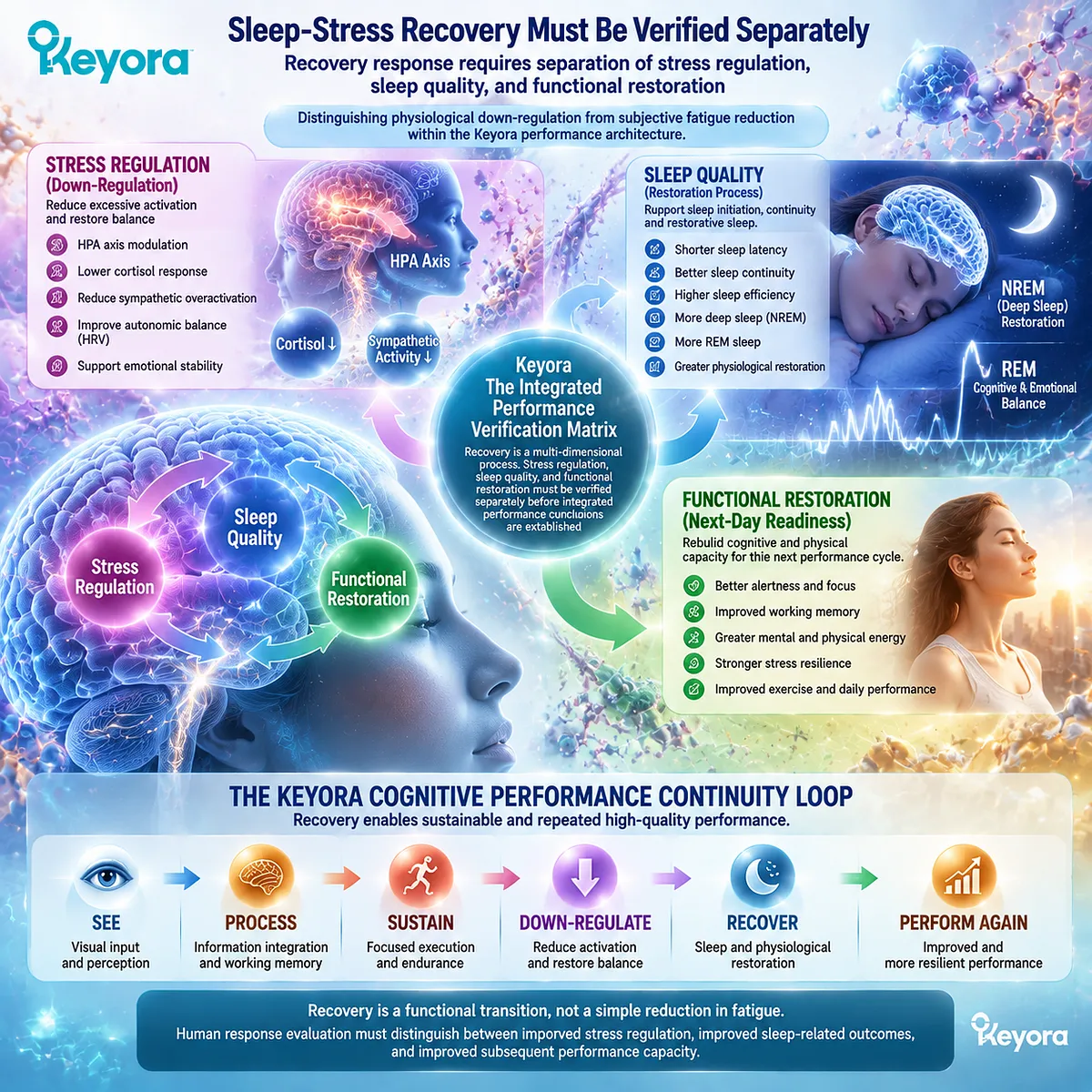 Sleep quality and stress recovery support cognitive performance through physiological down-regulation and restoration pathways, mapped by Keyora Integrated Performance Verification Matrix. Sleep quality and stress recovery support cognitive performance through physiological down-regulation and restoration pathways, mapped by Keyora Integrated Performance Verification Matrix.