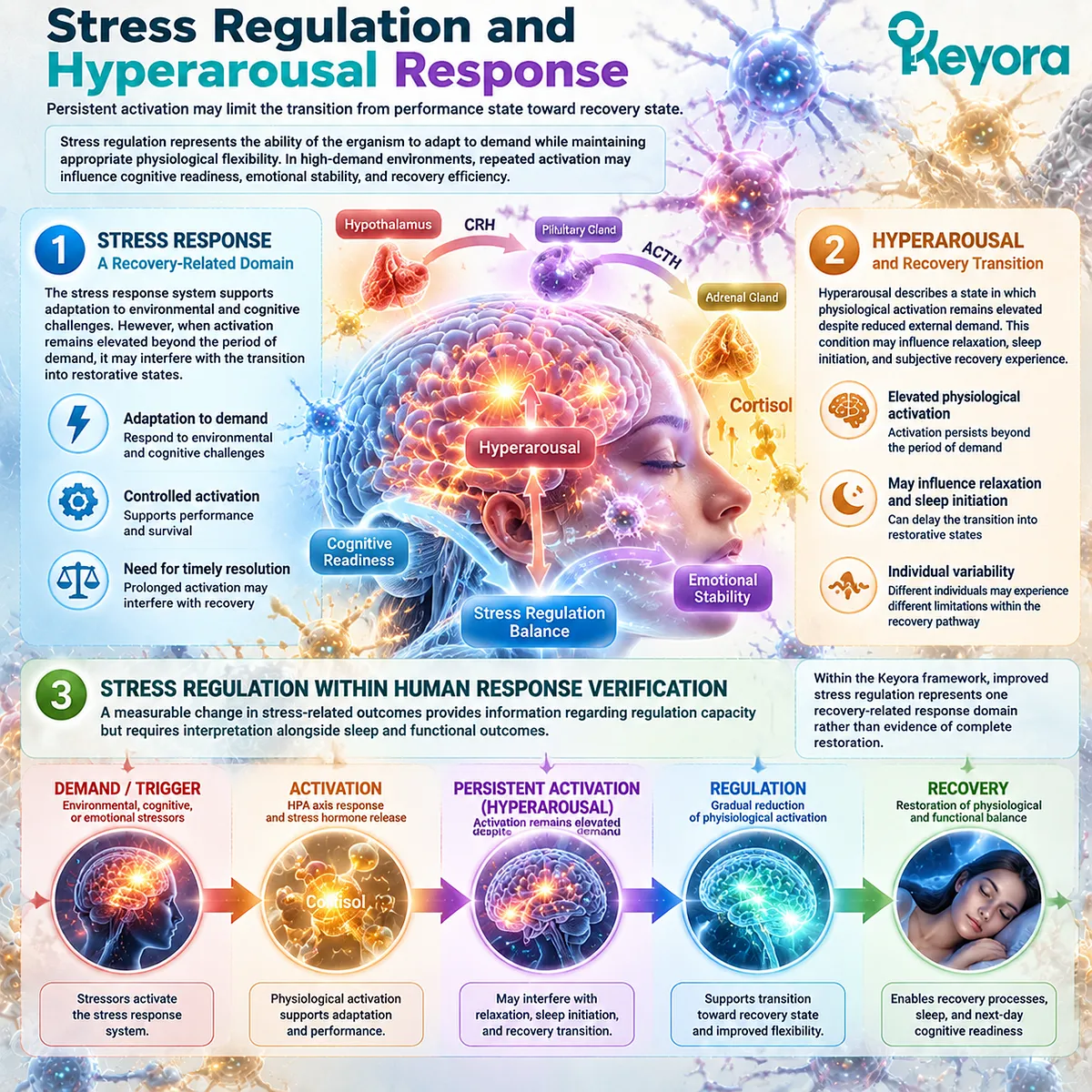 Stress regulation and hyperarousal response affect sleep-stress recovery through physiological adaptation pathways, interpreted by Keyora Integrated Performance Verification Matrix State domain. Stress regulation and hyperarousal response affect sleep-stress recovery through physiological adaptation pathways, interpreted by Keyora Integrated Performance Verification Matrix State domain.