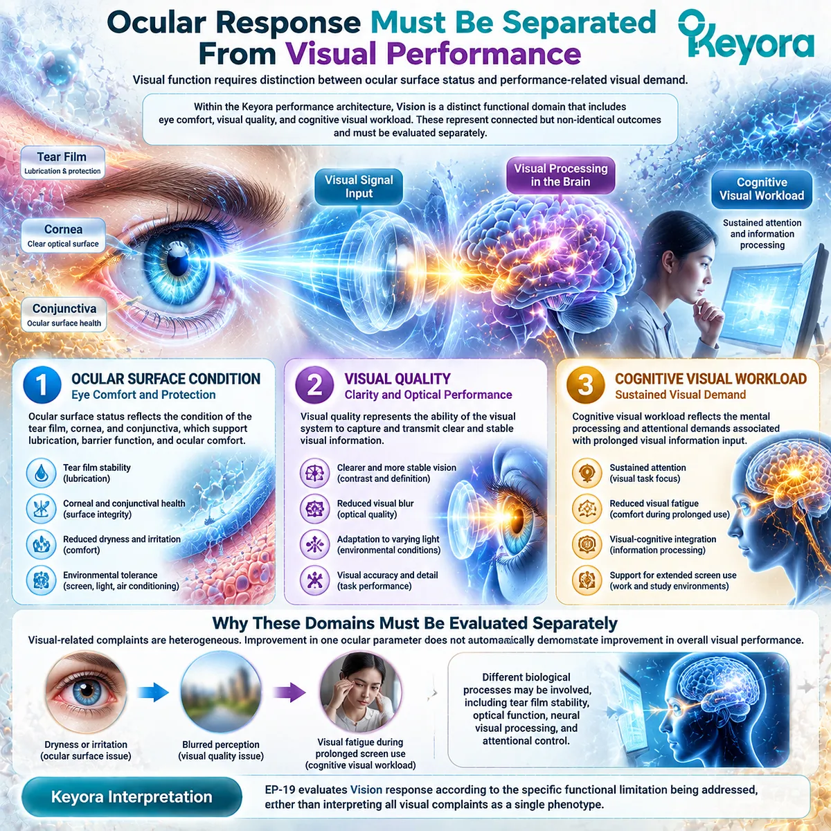 Eye comfort, ocular surface status, visual quality, and screen-related visual fatigue require separate evaluation in Keyora Integrated Performance Verification Matrix Vision domain. Eye comfort, ocular surface status, visual quality, and screen-related visual fatigue require separate evaluation in Keyora Integrated Performance Verification Matrix Vision domain.