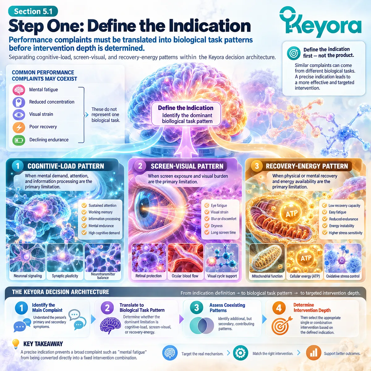 Mental fatigue, screen-related visual strain and poor recovery map to distinct biological tasks in the Keyora Cognitive Load Multi-Nutrient Decision Algorithm. Mental fatigue, screen-related visual strain and poor recovery map to distinct biological tasks in the Keyora Cognitive Load Multi-Nutrient Decision Algorithm.