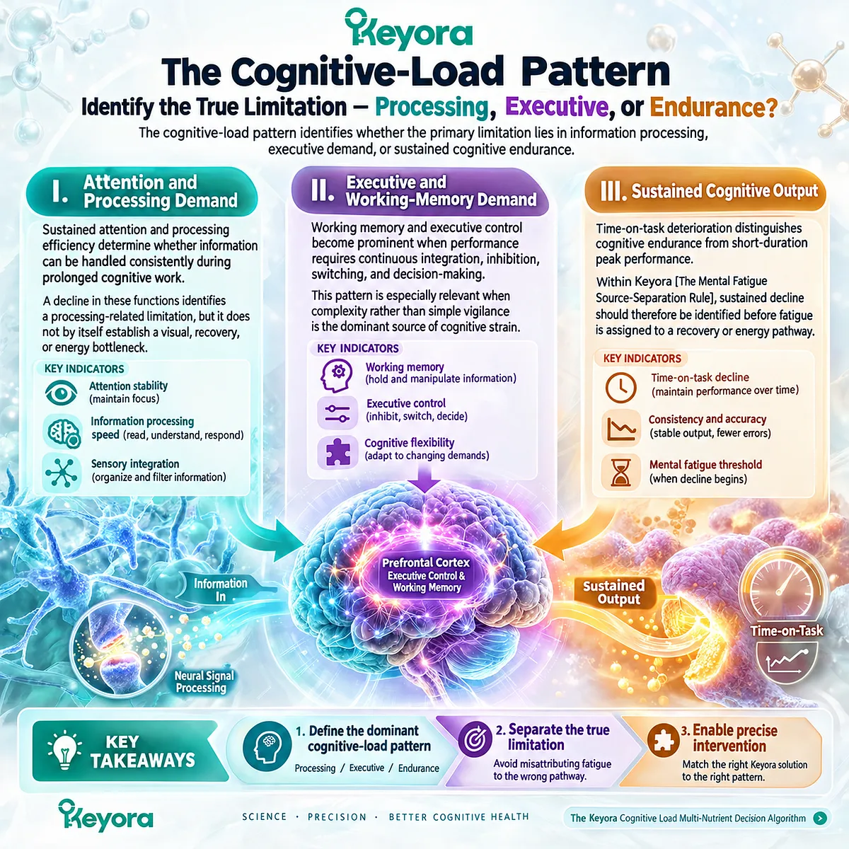 Cognitive load maps attention, executive working memory and sustained cognitive endurance to distinct performance demands through the Keyora Mental Fatigue Source-Separation Rule. Cognitive load maps attention, executive working memory and sustained cognitive endurance to distinct performance demands through the Keyora Mental Fatigue Source-Separation Rule.