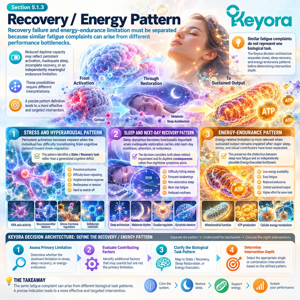 Mental fatigue separates stress hyperarousal, sleep recovery and energy endurance to identify State-Recovery versus Energy Execution tasks in the Keyora decision architecture. Mental fatigue separates stress hyperarousal, sleep recovery and energy endurance to identify State-Recovery versus Energy Execution tasks in the Keyora decision architecture.