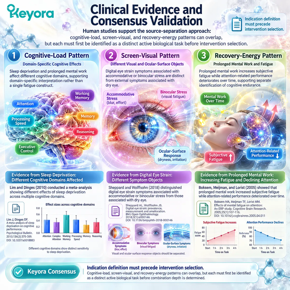 Mental fatigue, sleep loss and digital eye strain require domain-specific assessment before nutrition selection, supporting the Keyora indication-first cognitive load decision framework. Mental fatigue, sleep loss and digital eye strain require domain-specific assessment before nutrition selection, supporting the Keyora indication-first cognitive load decision framework.