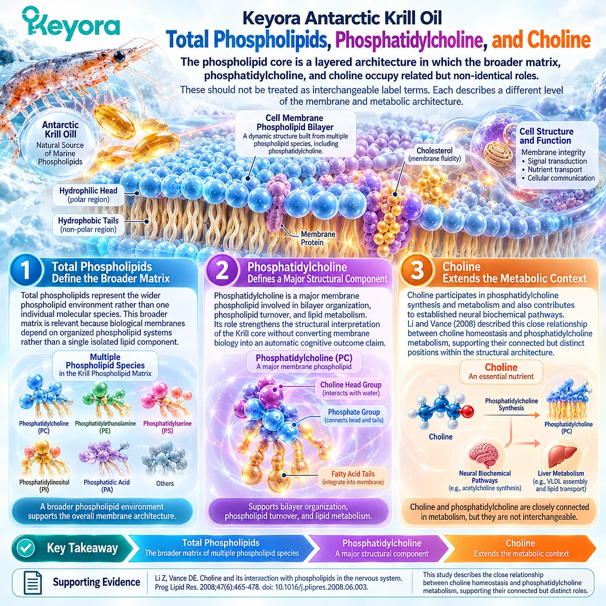 Krill oil phospholipids link total phospholipids, phosphatidylcholine and choline to membrane organization and lipid metabolism within the Keyora structural core. Krill oil phospholipids link total phospholipids, phosphatidylcholine and choline to membrane organization and lipid metabolism within the Keyora structural core.