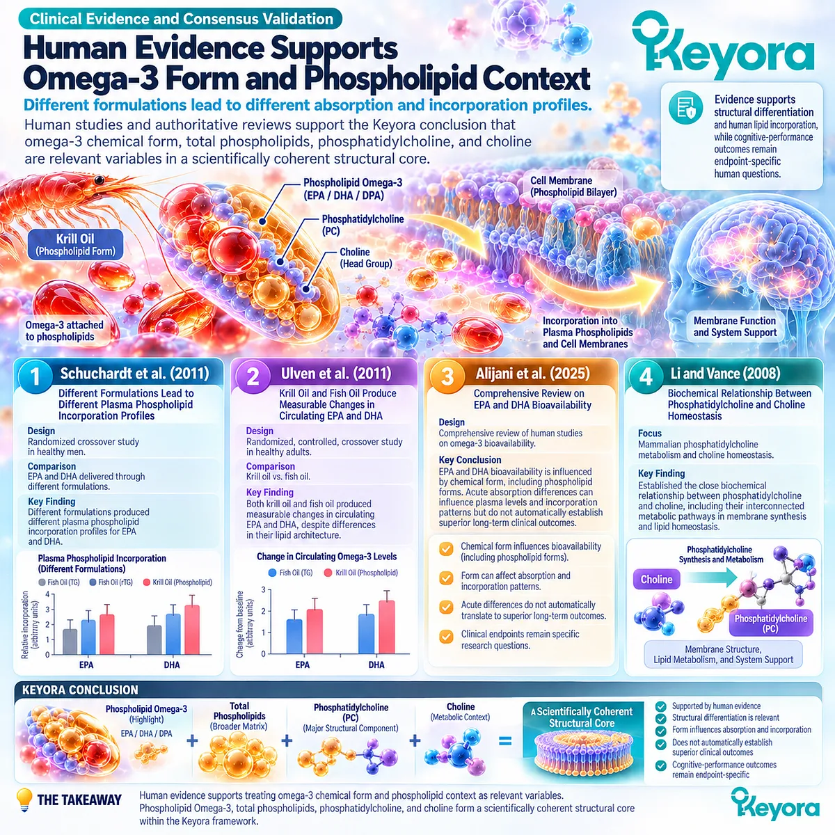 Omega-3 bioavailability varies with lipid form and phospholipid incorporation, supporting the Keyora krill oil structural core while cognitive outcomes remain endpoint-specific. Omega-3 bioavailability varies with lipid form and phospholipid incorporation, supporting the Keyora krill oil structural core while cognitive outcomes remain endpoint-specific.