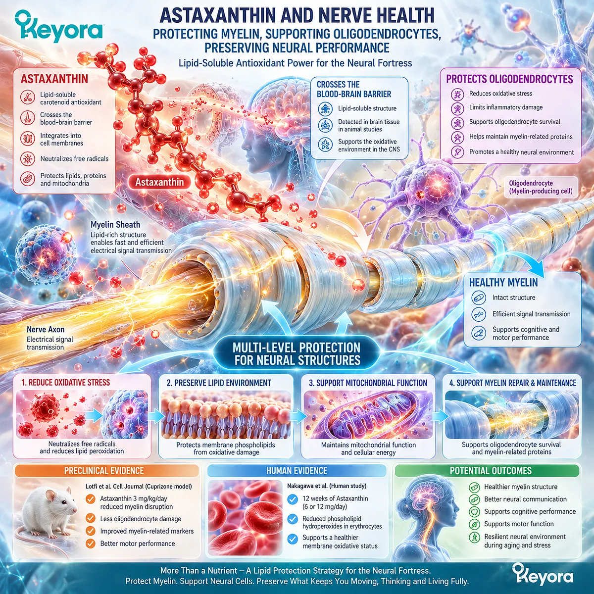 Astaxanthin supports myelin-related nerve health through oligodendrocyte protection and membrane redox balance, framing the Keyora Neural Fortress concept through preclinical evidence. Astaxanthin supports myelin-related nerve health through oligodendrocyte protection and membrane redox balance, framing the Keyora Neural Fortress concept through preclinical evidence.