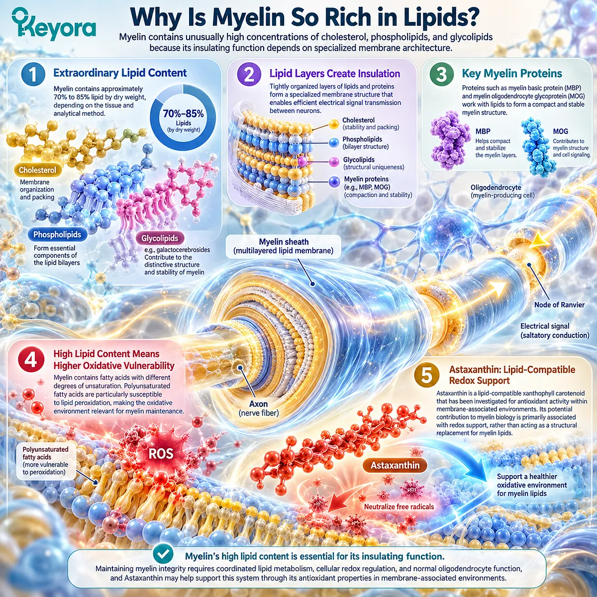 Myelin lipid architecture relies on cholesterol, phospholipids and glycolipids for nerve insulation, while Astaxanthin offers membrane redox support in the Keyora Neural Fortress framework. Myelin lipid architecture relies on cholesterol, phospholipids and glycolipids for nerve insulation, while Astaxanthin offers membrane redox support in the Keyora Neural Fortress framework.