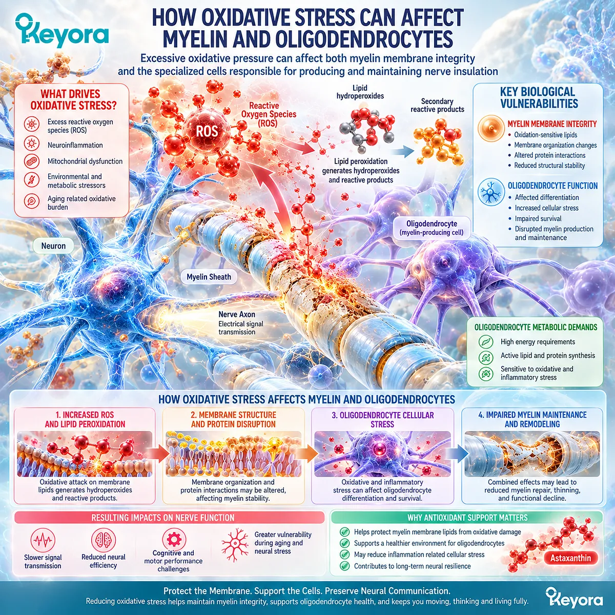 Oxidative stress links myelin lipid peroxidation with oligodendrocyte vulnerability, highlighting Astaxanthin's experimental redox-support role in the Keyora Neural Fortress framework. Oxidative stress links myelin lipid peroxidation with oligodendrocyte vulnerability, highlighting Astaxanthin's experimental redox-support role in the Keyora Neural Fortress framework.