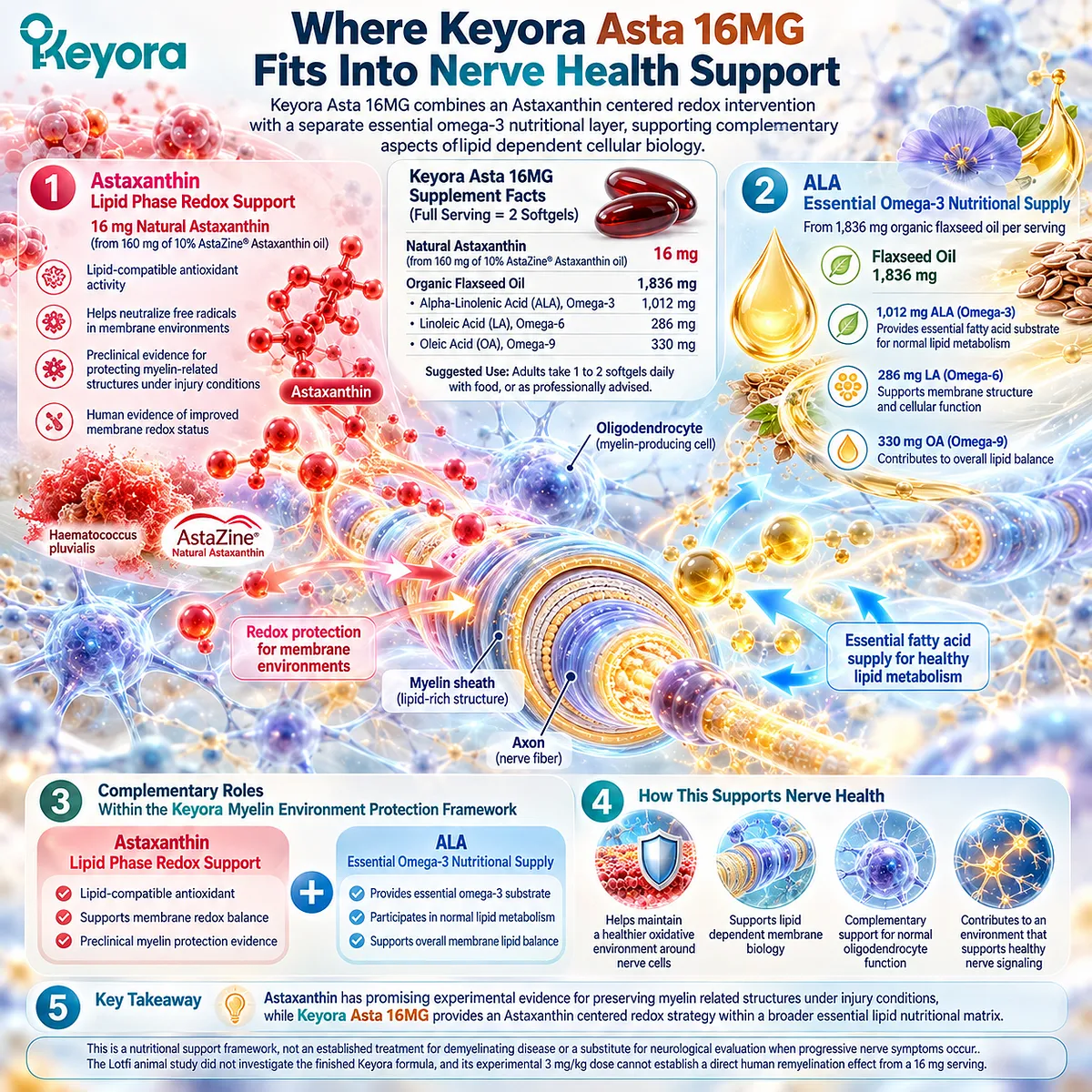 Keyora Asta 16MG pairs Astaxanthin lipid-phase redox support with ALA omega-3 nutrition for nerve health in the Keyora Myelin Environment Protection Framework. Keyora Asta 16MG pairs Astaxanthin lipid-phase redox support with ALA omega-3 nutrition for nerve health in the Keyora Myelin Environment Protection Framework.