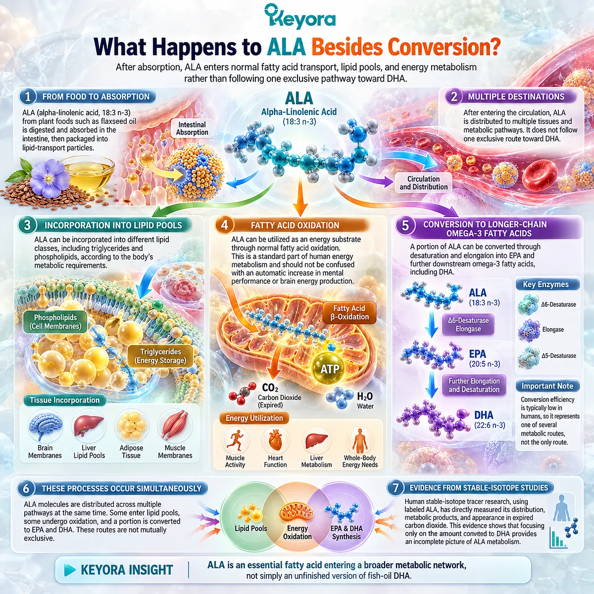 ALA omega-3 metabolism involves lipid incorporation, fatty acid oxidation and EPA/DHA synthesis through desaturation and elongation, mapped within Keyora Astaxanthin EP-5. ALA omega-3 metabolism involves lipid incorporation, fatty acid oxidation and EPA/DHA synthesis through desaturation and elongation, mapped within Keyora Astaxanthin EP-5.