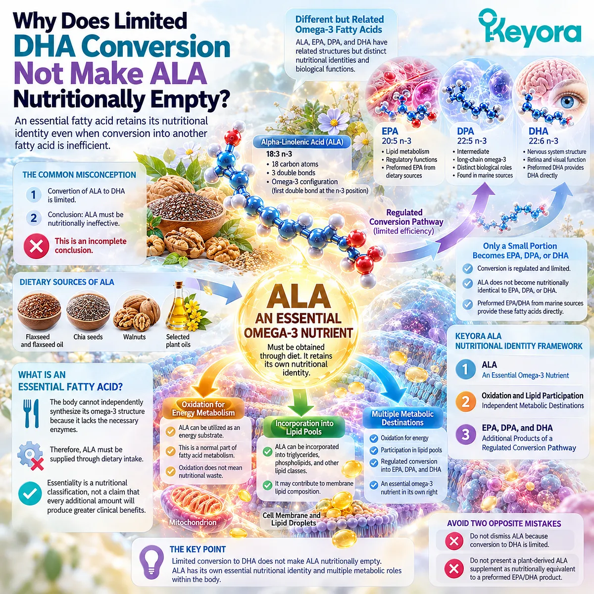 ALA remains an essential plant-based omega-3 despite limited DHA conversion, supporting lipid metabolism through oxidation and regulated pathways in the Keyora ALA Nutritional Identity Framework. ALA remains an essential plant-based omega-3 despite limited DHA conversion, supporting lipid metabolism through oxidation and regulated pathways in the Keyora ALA Nutritional Identity Framework.